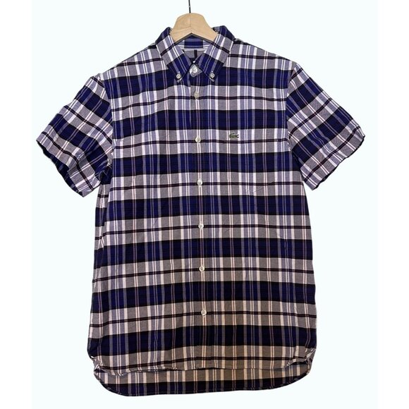 Lacoste Shirt Men’s Sm Short Sleeve Button Up Blue Plaid Logo Pocket Regular Fit - Picture 1 of 12